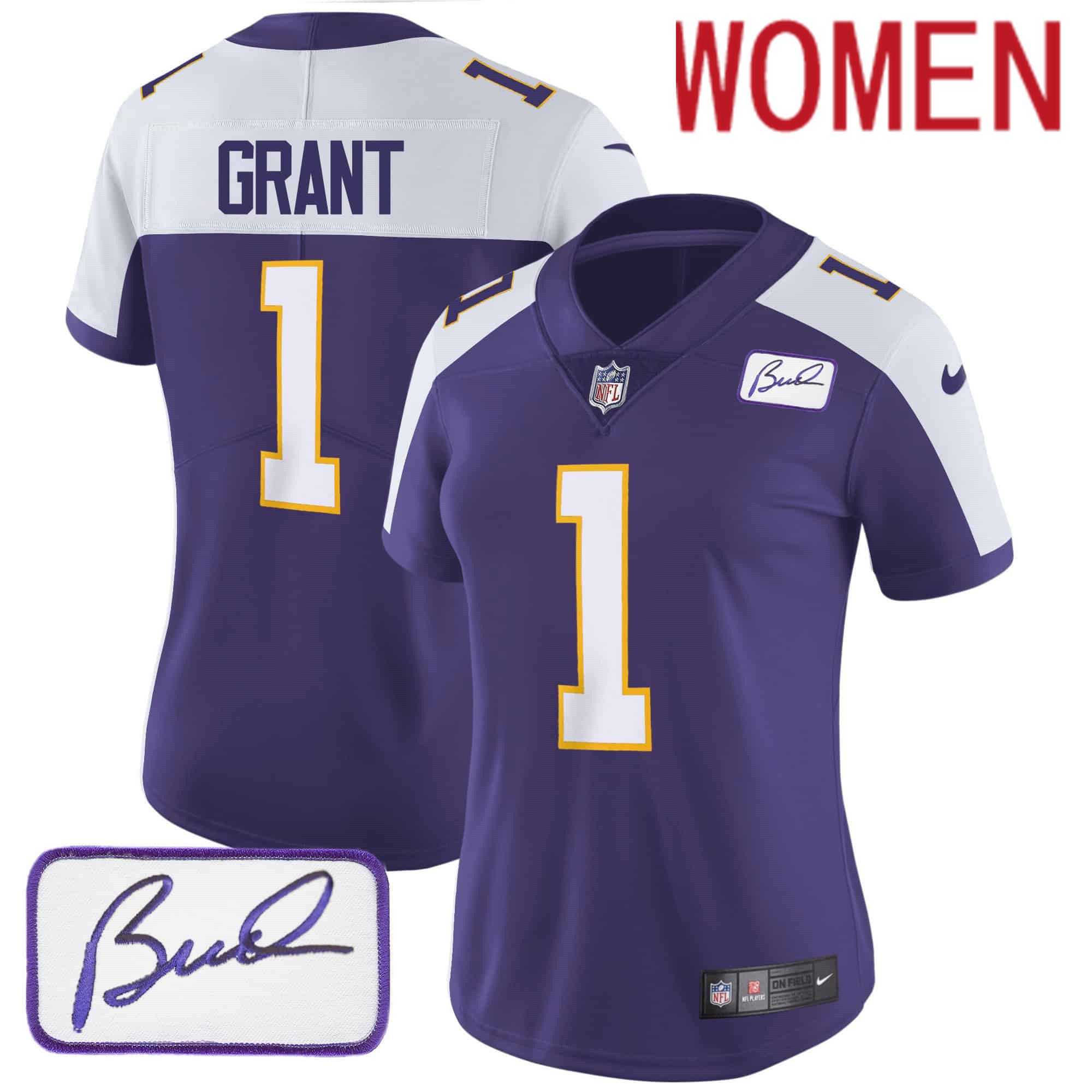Women Minnesota Vikings #1 Grant Purple 2024 Nike Bud Grant Patch Classic Limited NFL Jersey